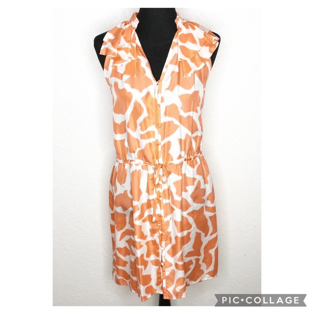 LOFT orange cream ruffle trim button front silk dress size 6 Petite 6P - Picture 1 of 16